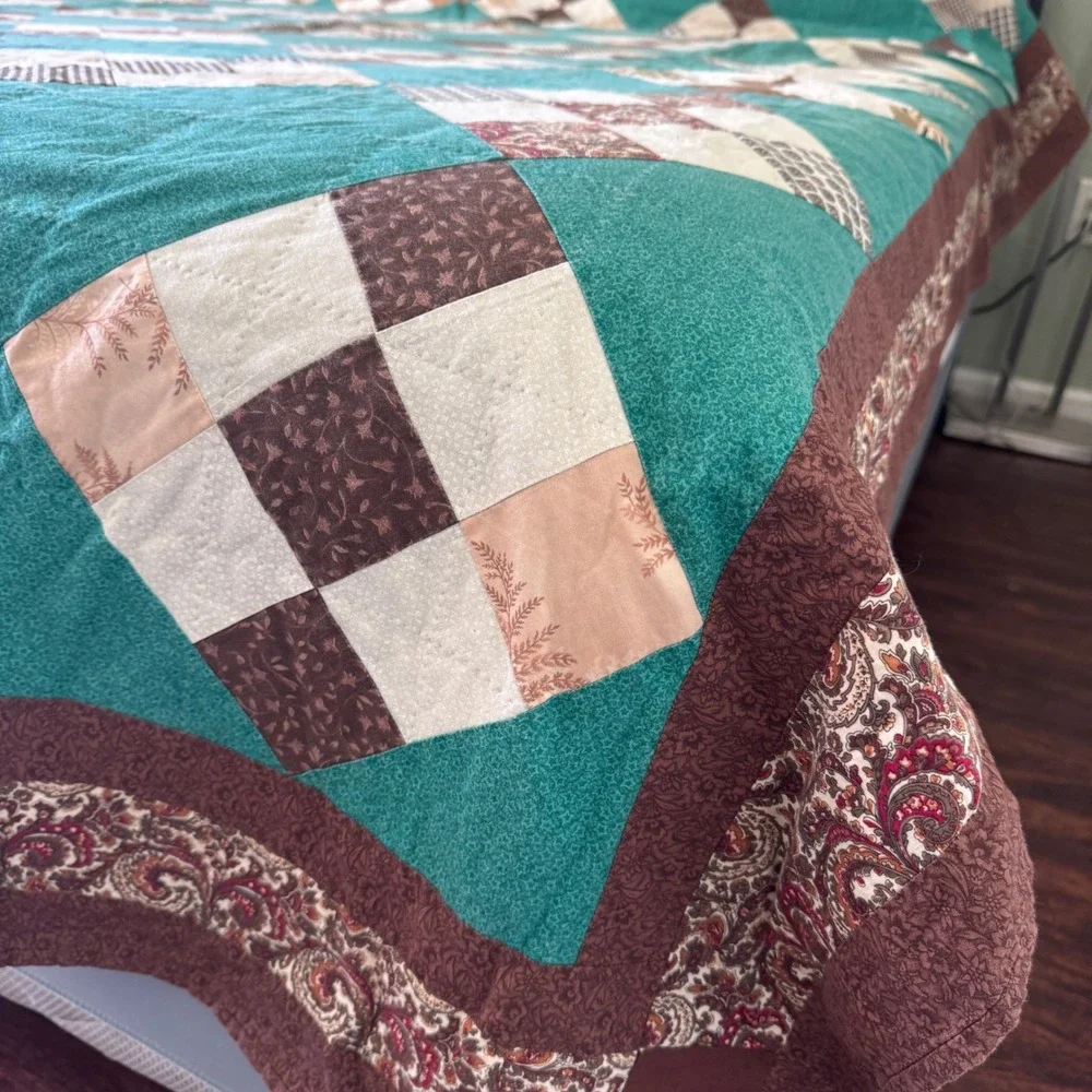 Handmade Patchwork Quilt Teal Brown Paisley Reversible Queen King 78x102